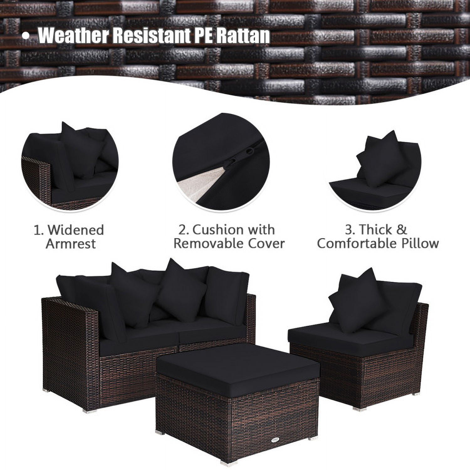 Aimee Lii 4 Pcs Ottoman Garden Deck Patio Rattan Wicker Furniture Set Cushioned Sofa, Outdoor Deck Furniture, Black Aimee Lii 4 Pcs Ottoman Garden Deck Patio Rattan Wicker Furniture Set Cushioned Sofa, Outdoor Deck Furniture, Black