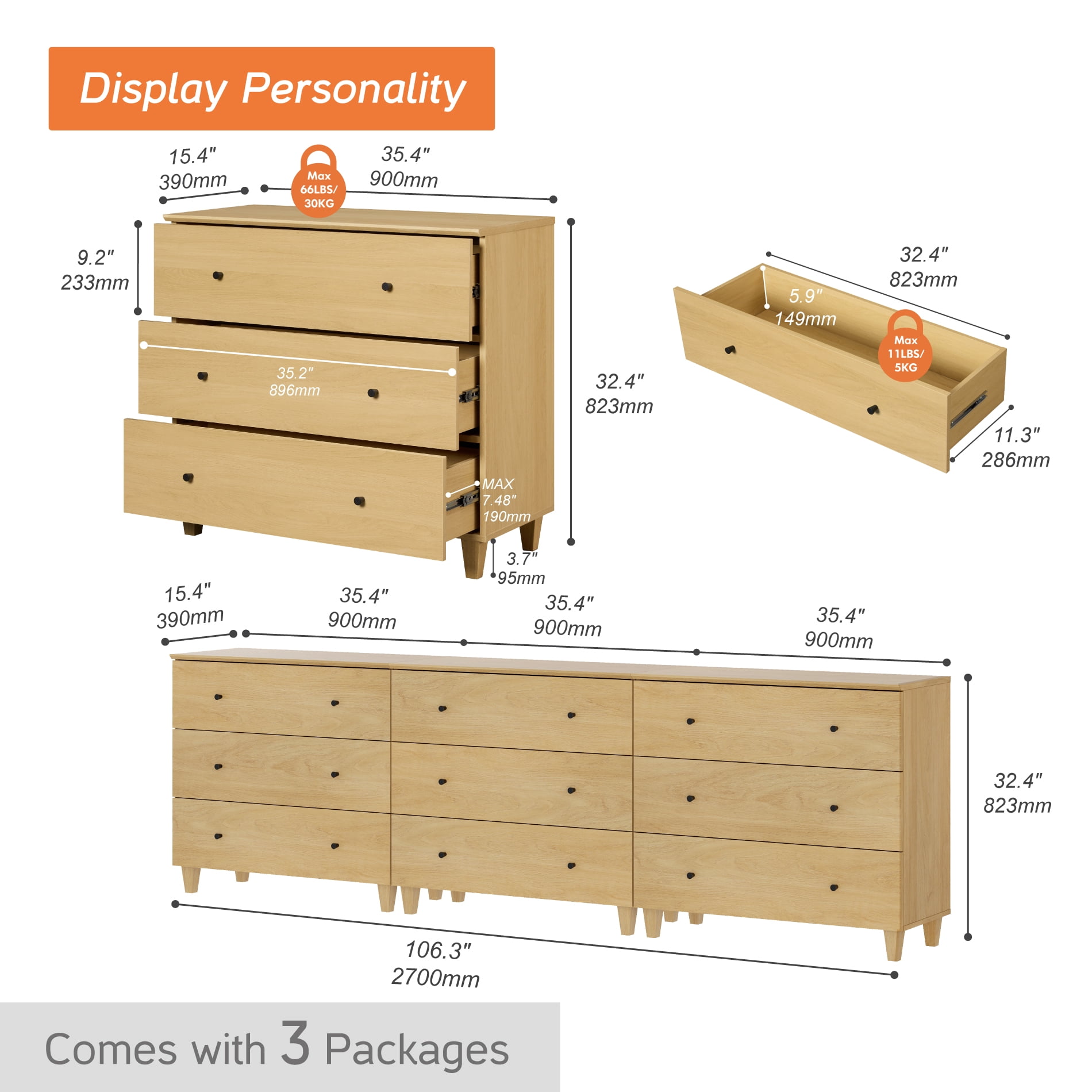 WAMPAT Dresser and Nightstands Set of 5, Wood Dressers with 9 Drawers, 2 Pieces Nightstands with Charging Stations for Living Room, Oak Wood