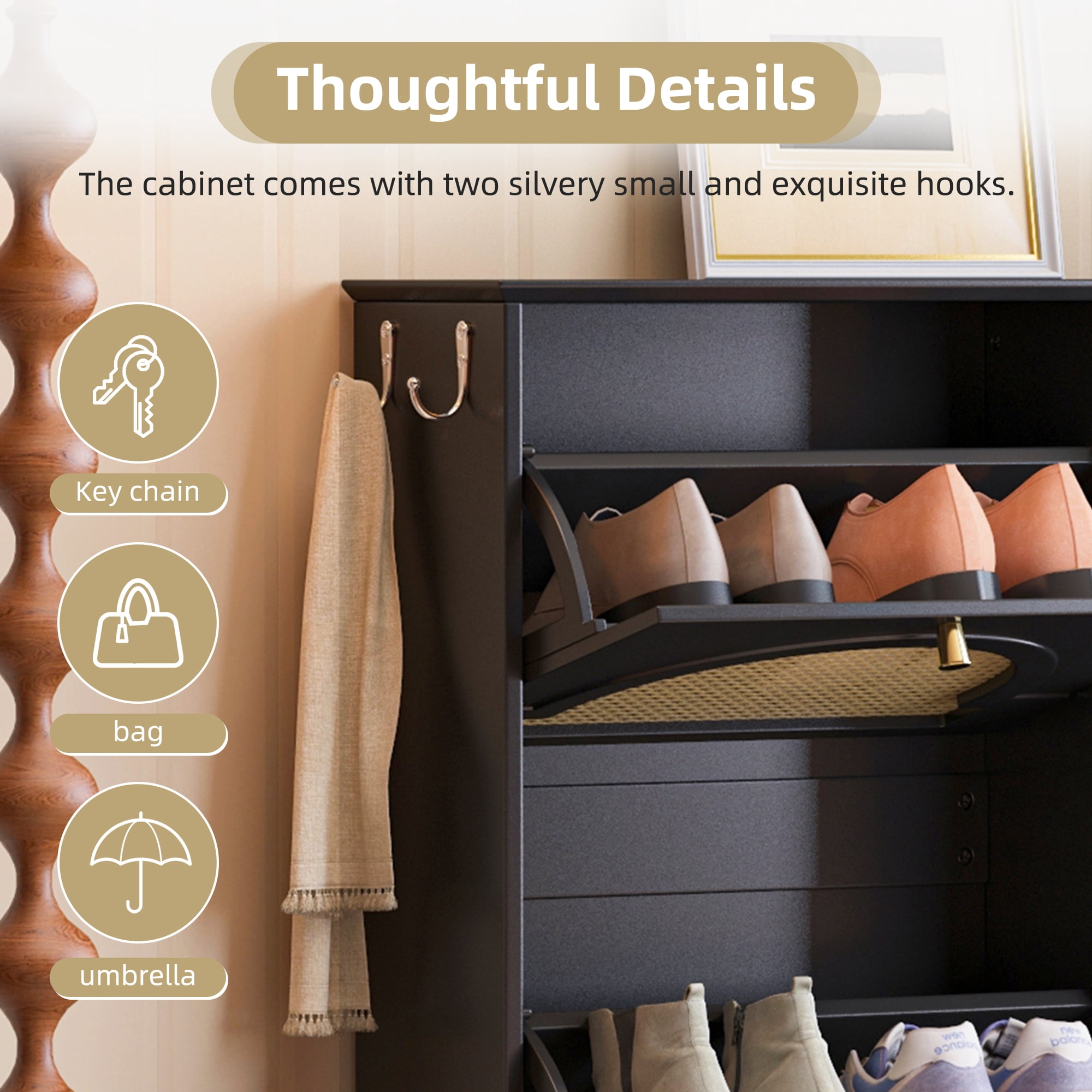 Euroco Mid-Century Rattan Shoe Cabinet with 4 Flip Drawers, Arched Doors, and Side Hooks, Holds up to 12 Pairs of Shoes