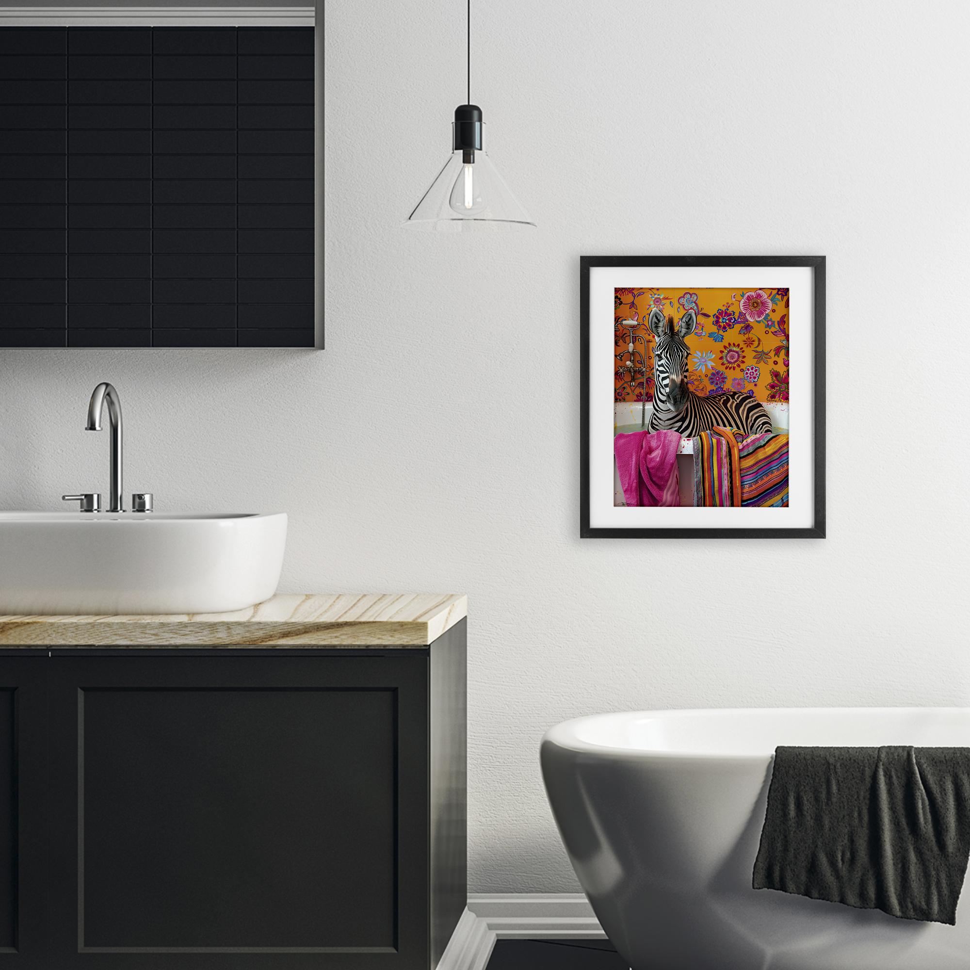 Zebra Bath with Colorful Towel Black Framed Print Under Glass, design by Momart