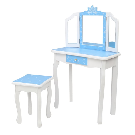 HUJHKIO Kids Vanity Table with Stool & Mirror, Princess Dresser Set for Girls, 3-Sided Folding Adjustable Childrens Makeup Table with Drawer, Blue