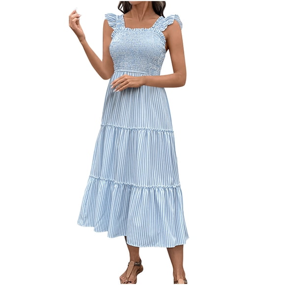 LOVZFMLL Dresses Women's Vacation Striped Ruffle Edge Camisole Dress