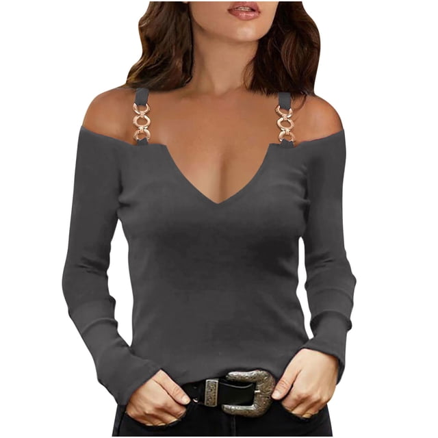 FAIWAD Womens Long Sleeve Cold Shoulder Tops V Neck Hollow Out Strape Blouses Slim Stretch Tunic Tops
