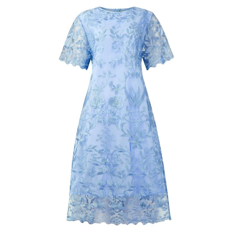 Njagoc3 Womens Short Sleeve Sheer Overlay Cocktail Dress, Light Blue, Formal Evening & Wedding Guest Outfit, Women's, Size: 4XL