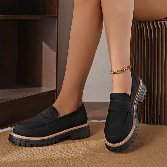 HTHLVMD Womens Chunky Loafers, Platform Slip-On Shoes, Womens Loafers Shoes Platform Chunky Penny Loafer Lug Sole Comfortable Slip On Work Office Business Casual Dress Shoes, Black 5.5