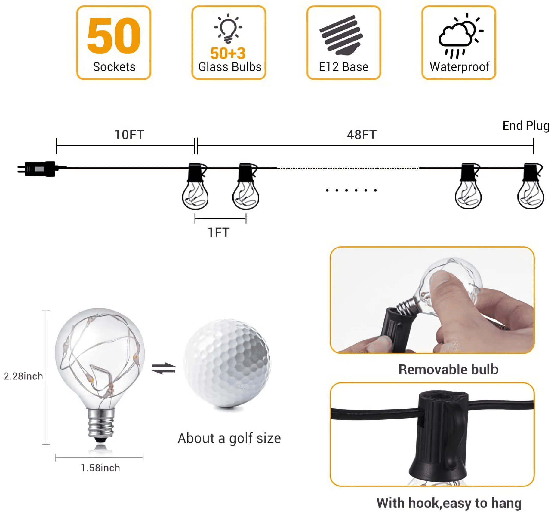 Yi Lighting 59 ft Outdoor String Light with 50pcs Shatterproof Globe LED Bulbs, Weatherproof for Patio Backyard Garden Party