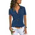 thumbnail image 3 of FASHIONWT Women Summer Open Placket Lapel Neck Stitching Casual Shirt Top, 3 of 3