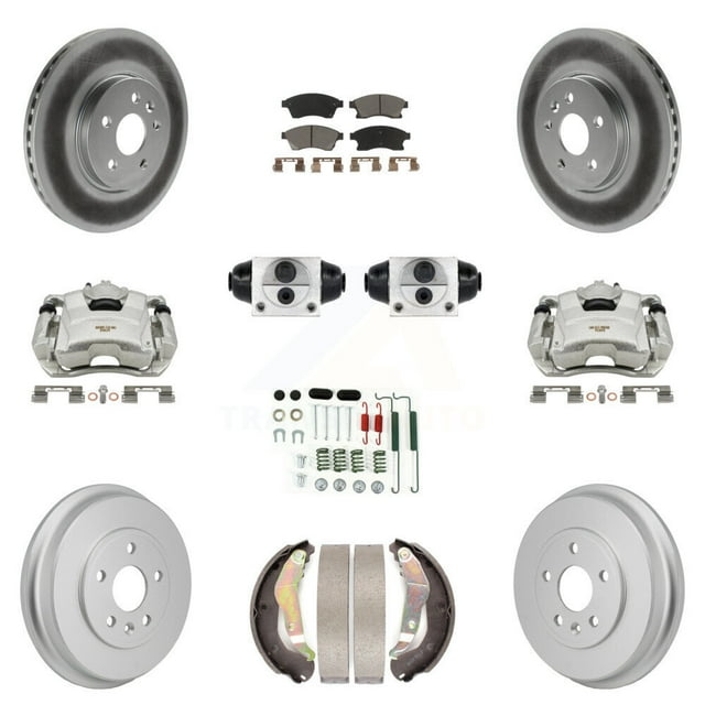Transit Auto Front Rear Disc Brake Caliper Coated Rotors Drums Ceramic Pads Shoes Wheel Cylinders and Hardware Kit (11Pc) for Car 2013-2014 Chevrolet Sonic RS KCG-101164C