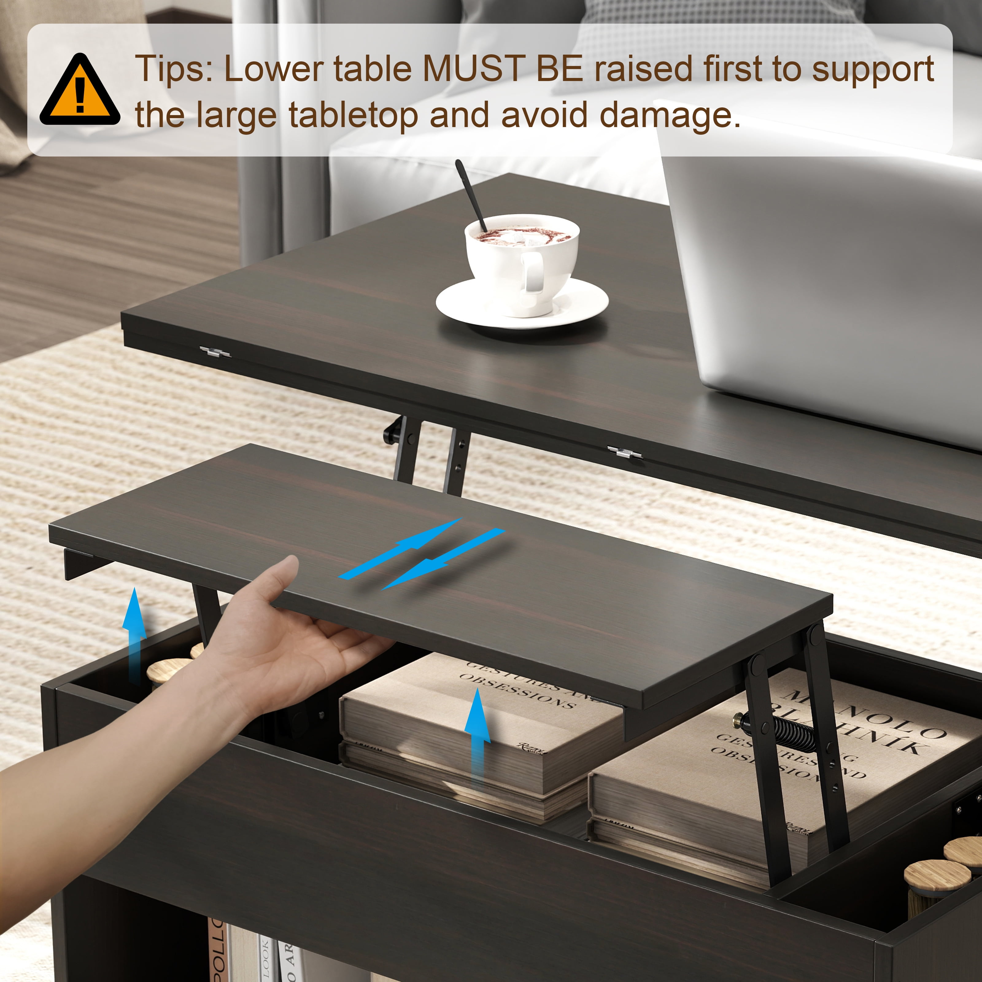 Manxile Rustic Lift Top Coffee Table, 4 in 1 Multi-Function Convertible Coffee Table with Hidden Storage for Living Room, Black&Brown
