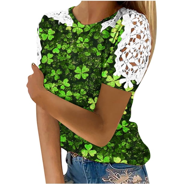 Camisas de Manga Corta para las Mujeres Impresión Cuello Redondo Suéter Encaje Blusa, Top Casual para el Hogar Y Diario