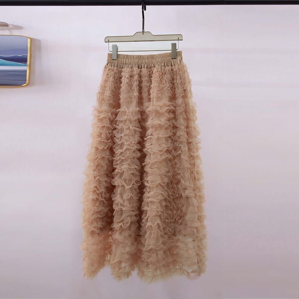 TaTaai Women Casual Solid Tulle Elastic Waist Layered Cake Skirt Knee Length Street Style Party Wear Lightweight Breathable Non-See-Through Stylish Skirt Gift
