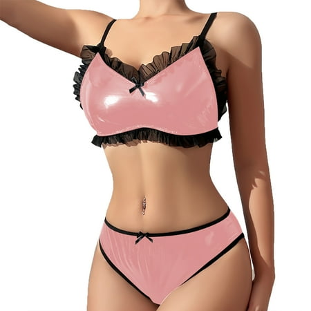 Sexy Womens Lingerie Set PVC Leather Sexy Bra Tops and Low Rise Briefs Set Night Party Rave Dance Costume