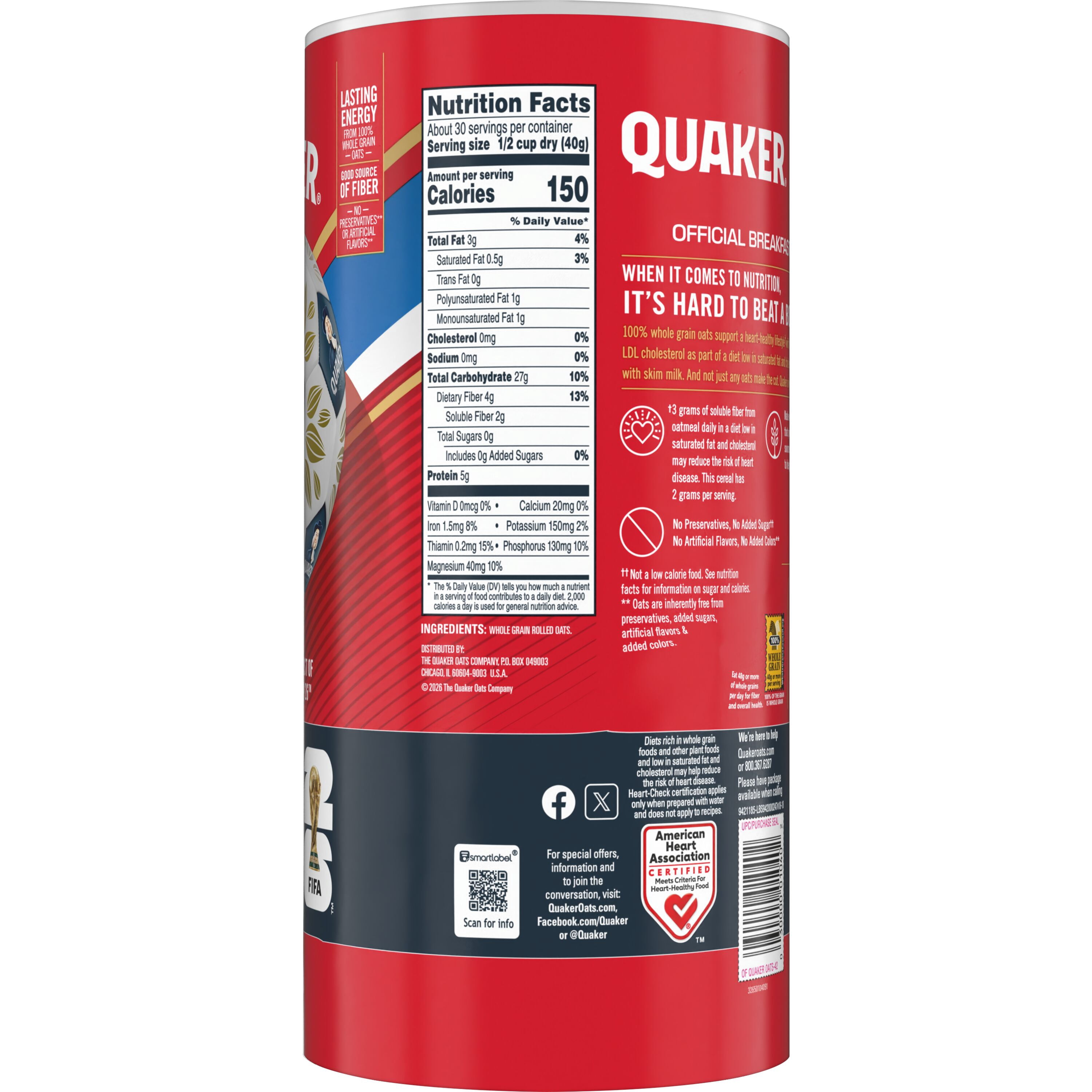 Quaker Old Fashioned Instant Whole Grain Oatmeal, 42 oz Canister Dry Oats