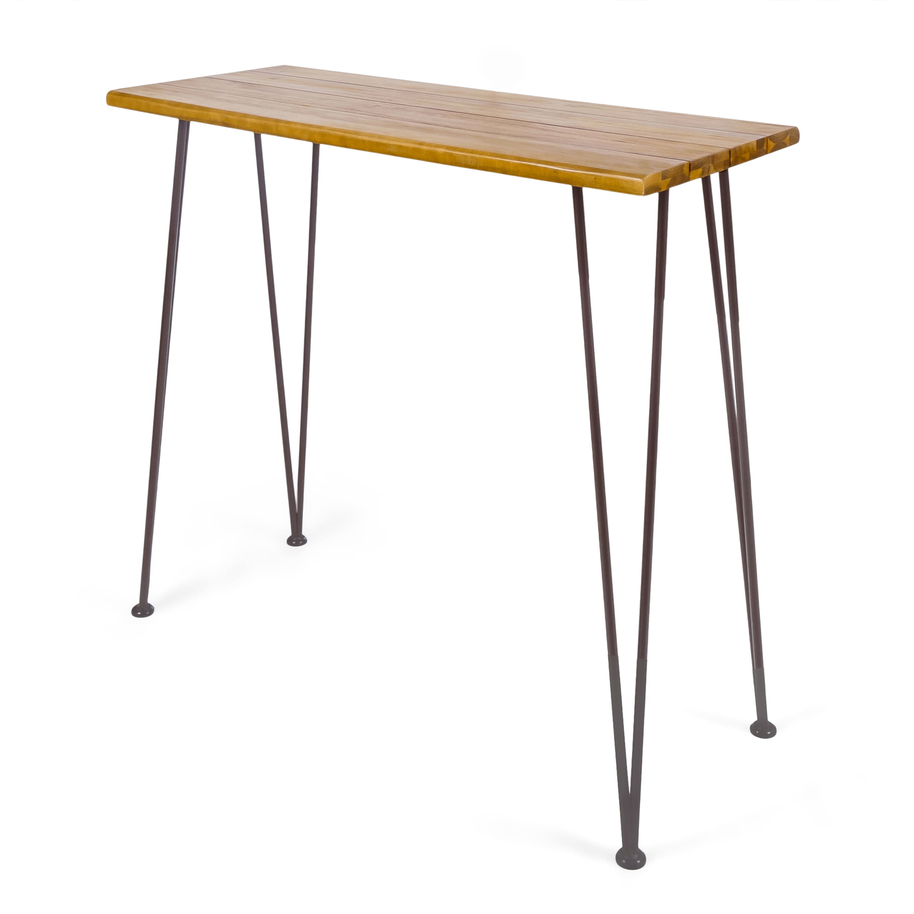 Outdoor Industrial Style Bar Height Table, Wood and Metal Combined Desktop for Patio Bar, Teak and Black