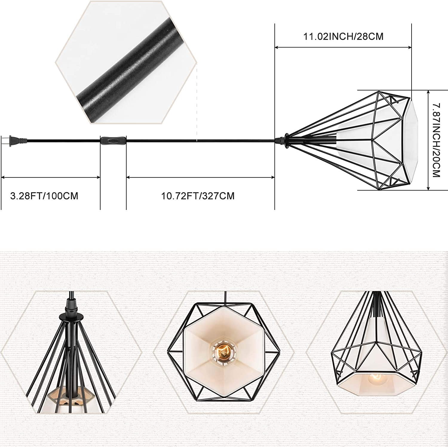 Industrial Plug-in Pendant Light Vintage Hanging Ceiling Lighting E26 Chandeliers Fixture with Metal Fabric Cage Shape On/Off Switch for Kitchen Island Dining Room Hallway Farmhouse