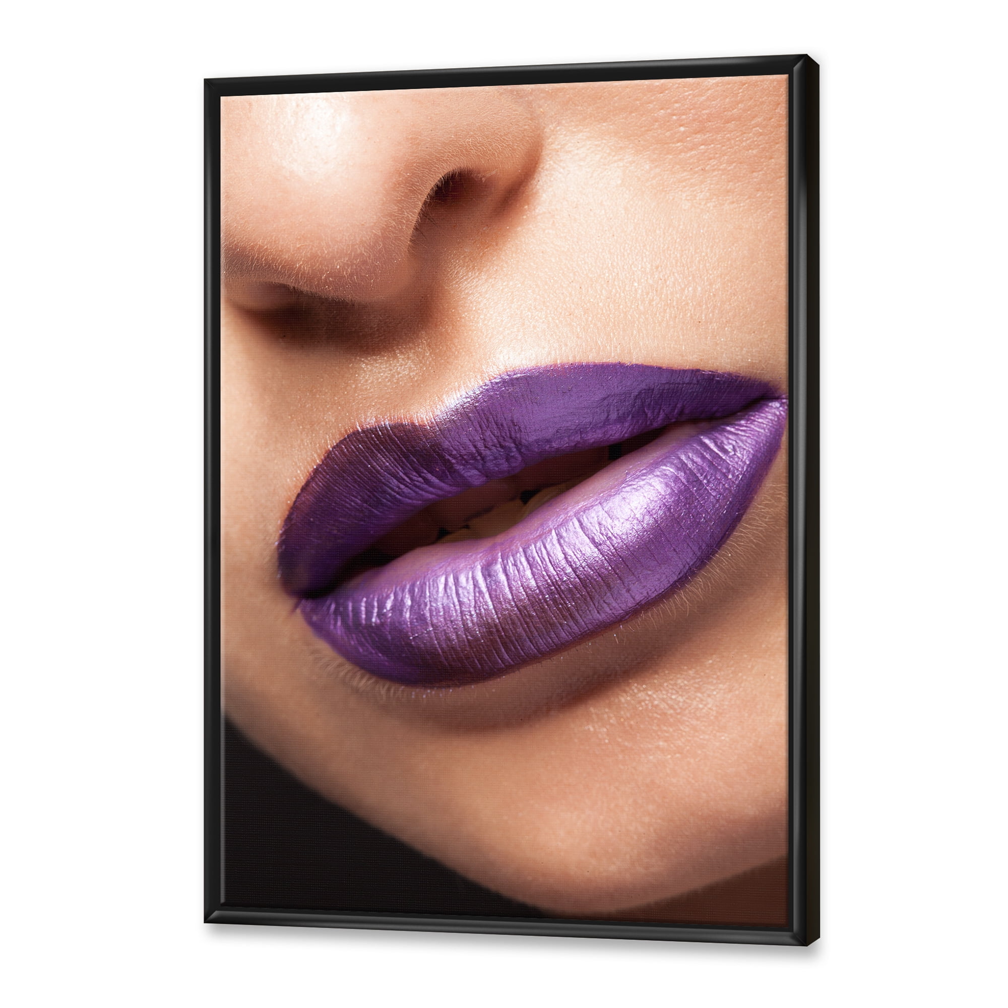 Close Up View of Girl Lips With Purple Lipstick 30 in x 40 in Framed Photography Canvas Art Print, by Designart