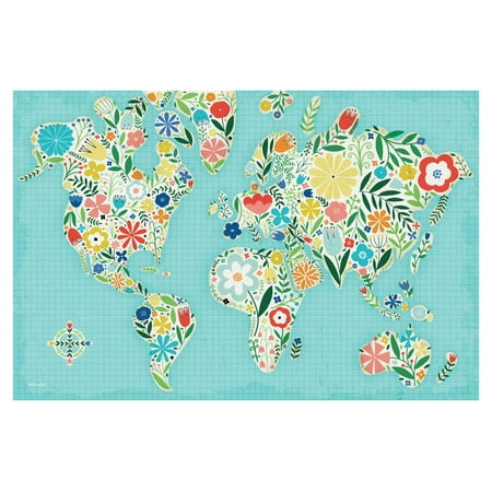 Beautiful Flower Filled World Map on Aqua by Michael Mullan; Floral Decor; One 18x12in Unframed Paper