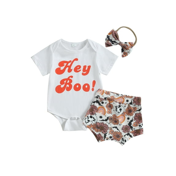 Newborn Baby Girls Halloween Outfits Short Sleeve Hey Boo Romper Flower Skull Print Shorts Bow Hairband Clothes Set