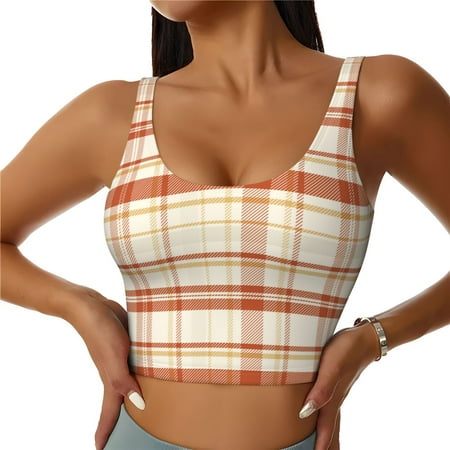 Adobk Minimalist plaid Print Sports Bras for Women Longline Workout Crop Tank Tops Padded with Built in Shelf Padded Sports Bra-X-Large