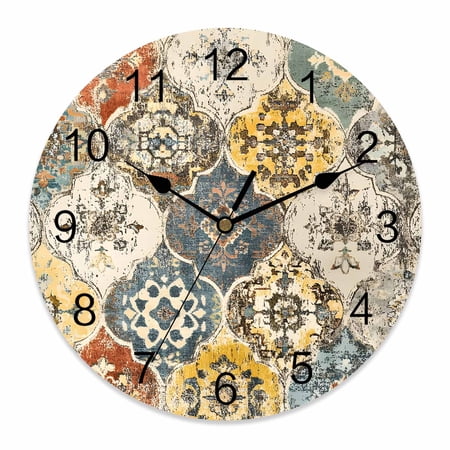14 Inch Vintage Boho Wall Clock, Geometric Morocco Ethnic Art Abstract Battery Operated Silent Non Ticking Clocks, Easy to Read Round Wall Clock for Kitchen/Living Room/Bedroom/Bathroom