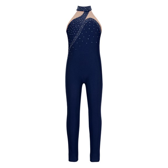 YONGHS Kids Girls Sleeveless Rhinestone Gymnastic Leotard Ice Skating Jumpsuit Full Body Unitard Navy Blue 10