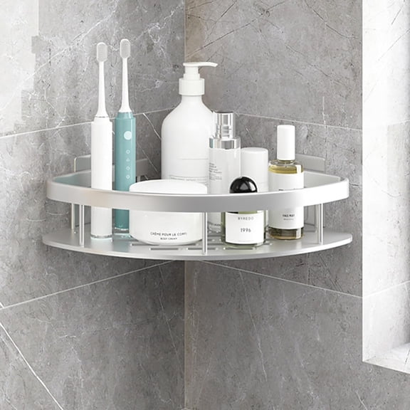 1‑Pack Silver Wall Mounted Shower Organizer, No‑Drill Adhesive Corner Shelf with Hooks, Suction Cup Storage Rack for Bathroom Shower