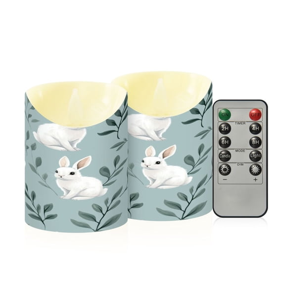 2 PCS Tilted Flameless Candles Flickering LED Lights Battery Operated Candles with Remote Timers for Holiday Decor White Rabbits Pattern