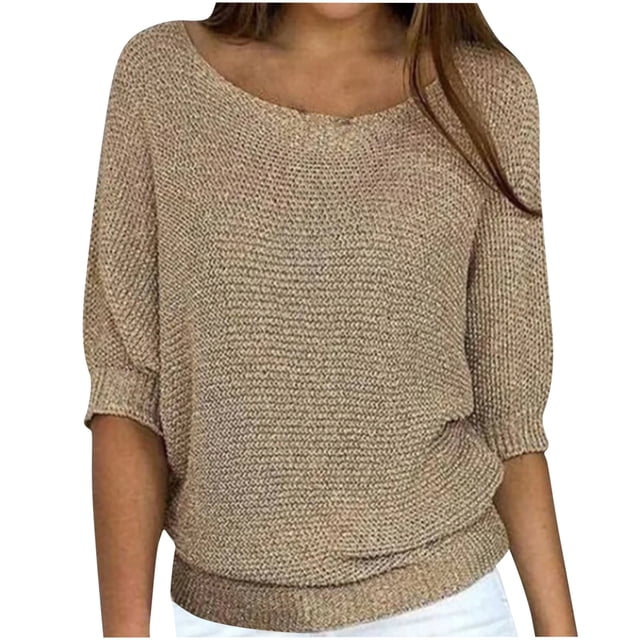 Suéteres Umfun para mujer, sueltos, informales, de punto, lisos, estampados, cuello redondo, manga 3/4, suaves al tacto, ligeros, color caqui, talla 3XL