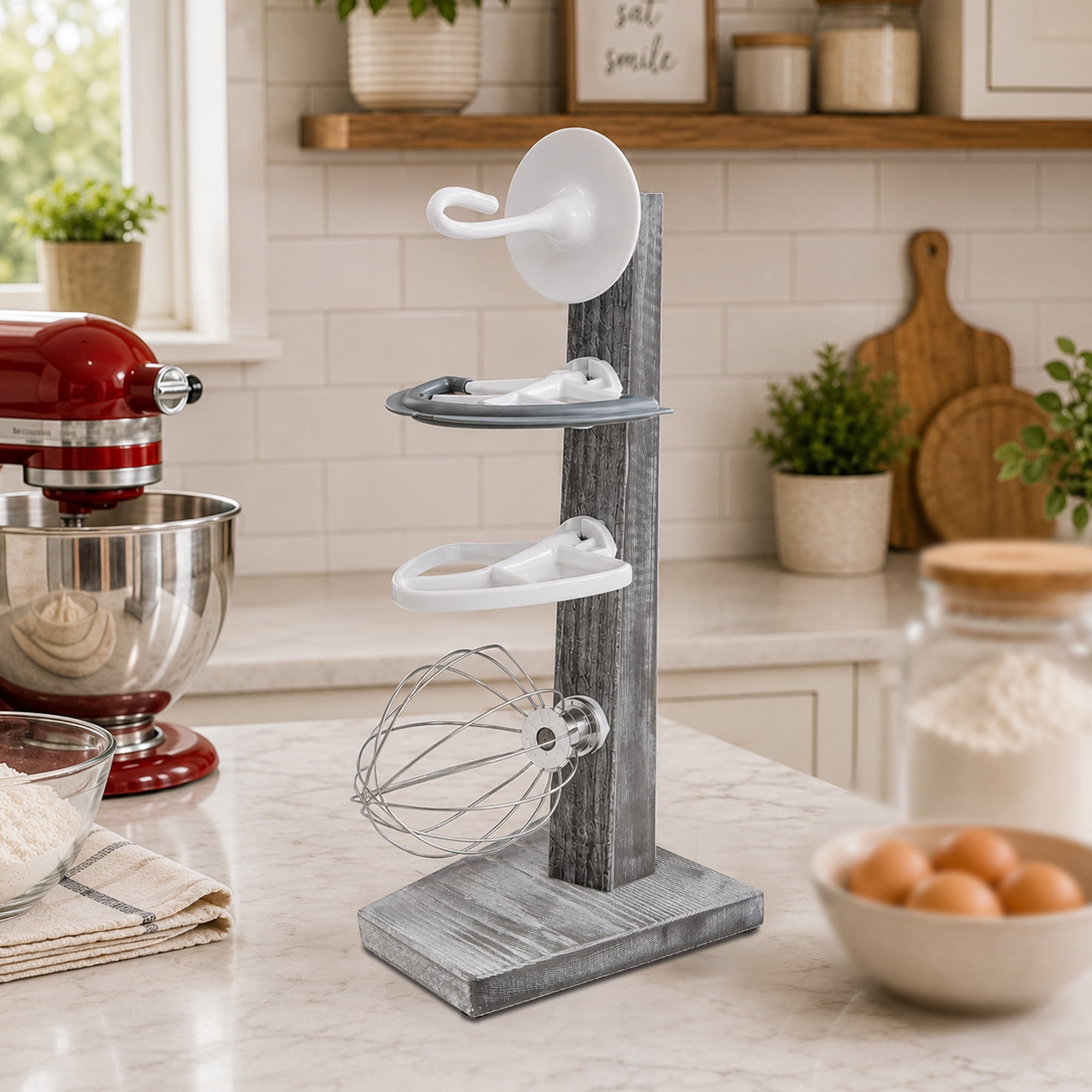 Bekitchen Rustic Gray Wooden Stand Mixer Attachment Holder Compatible with KitchenAid Accessories