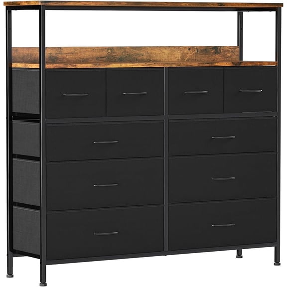10 Storage Drawers Dresser with Shelves, Tall Fabric Dresser, Chest of Drawers for Closet, Nursery, Bedside, Living Room, Laundry, Entryway, Hallway, Free Drawer Divider (Black)