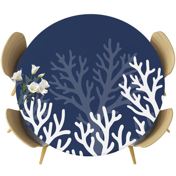 Round Fitted Tablecloth with Elastic Edge, Coastal Coral Reef Navy Blue White Fitted Table Cloth for Round Tables 55-60in, Summer Marine Ocean Life Waterproof Tablecloth for Outdoor Picnic Party