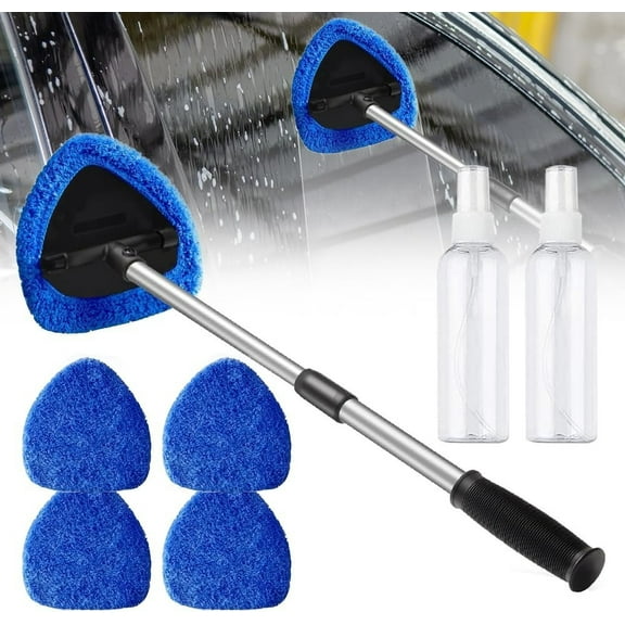 Car Windshield Cleaner Tool, Window Cleaning Kit with 39in Car Mirror Squeegee, 4 Reusable Microfiber Pads and Extendable Handle