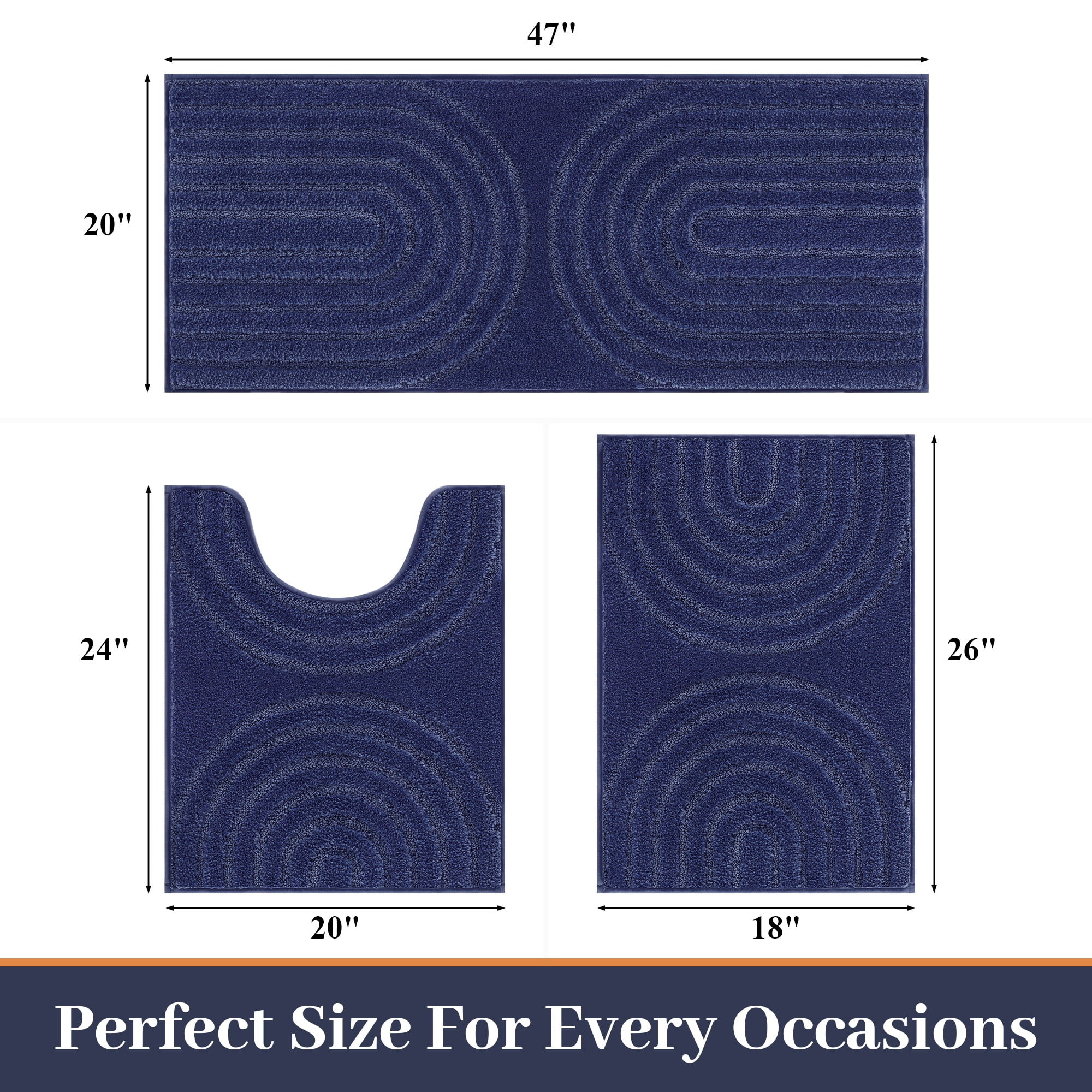 Vaukki Geometric Bathroom Rug Set of 3 Microfiber Soft Absorbent Non Slip Bath Rugs for Bathroom，(18"x26"+20"x47"+20"x24"，Dark Blue)