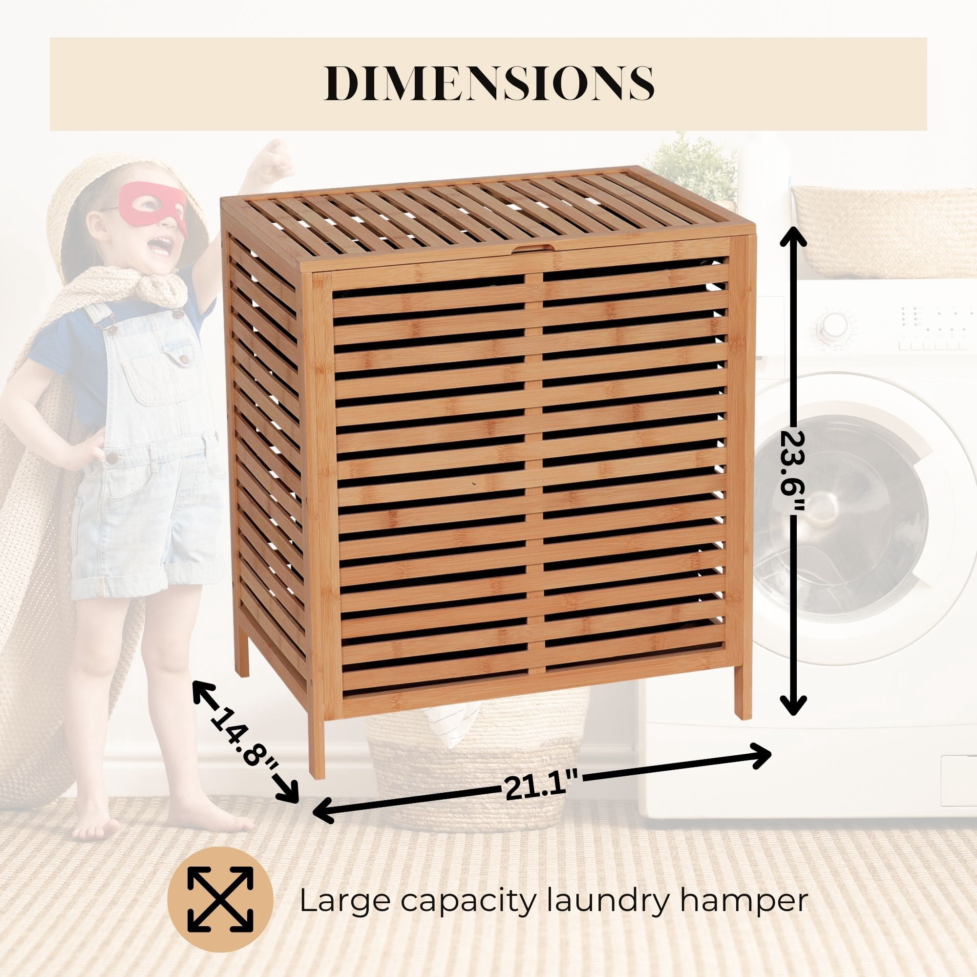 Bamboo Laundry Hamper with Lid, Removable Bag, Slatted Ventilation Design, Large Storage Basket, Perfect for Bathroom  Laundry Room