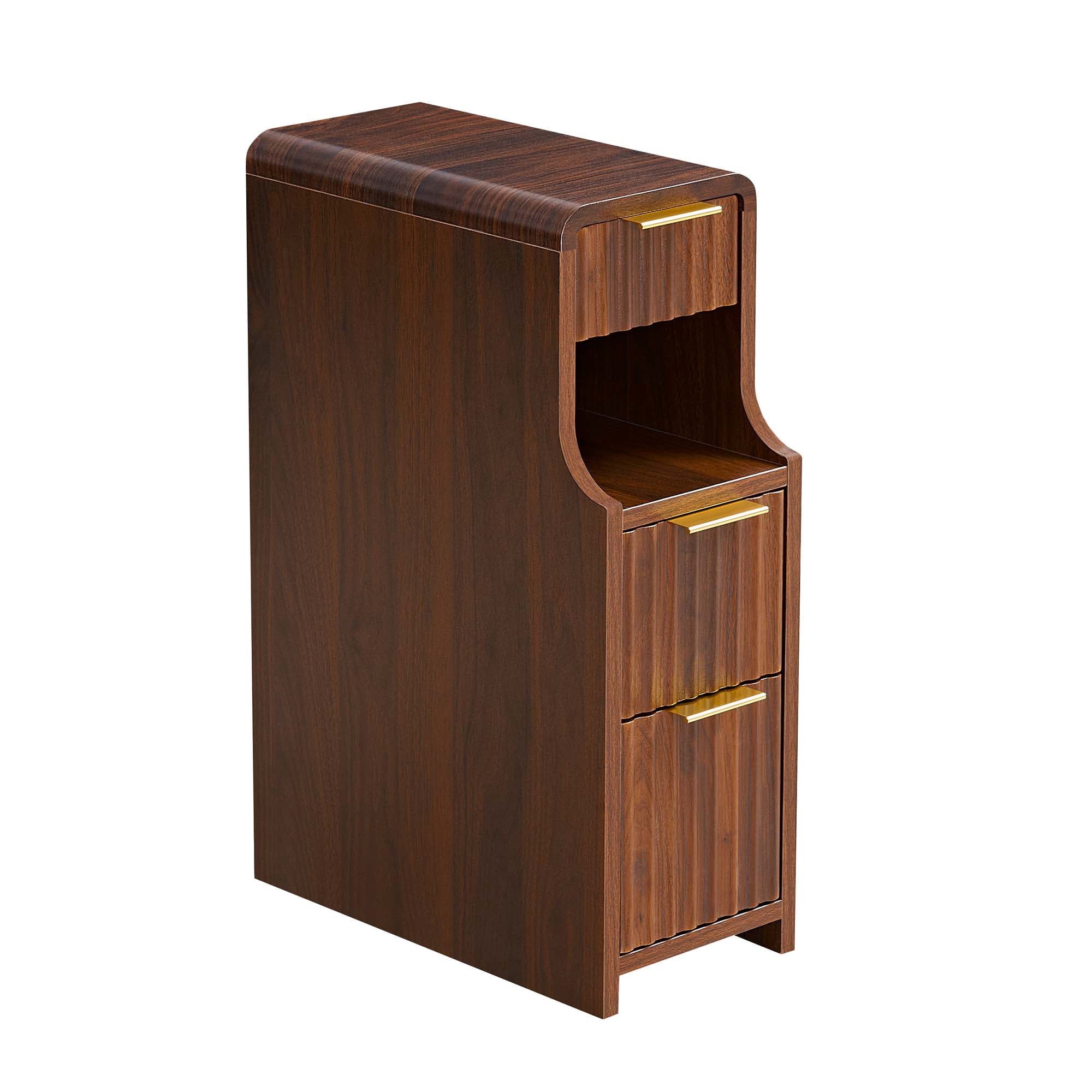 Spruce & Spring Mid-Century Modern Narrow Nightstand with 3 Drawers & Open Shelf for Bedroom, End Table for Small Spaces, Walnut