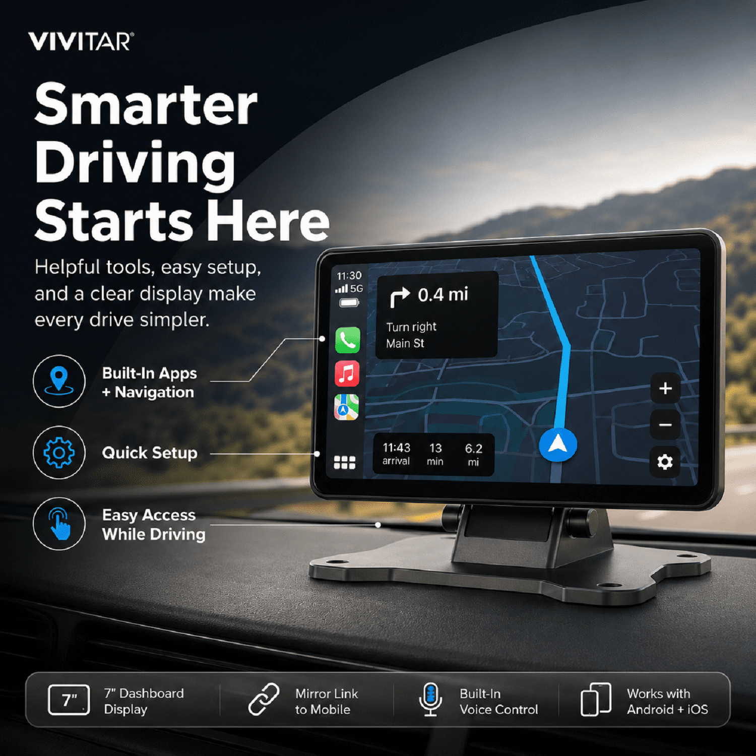 Vivitar 7-Inch In-Car Display with Touchscreen, Mirror Link, Voice Control, Navigation, Apps, Black