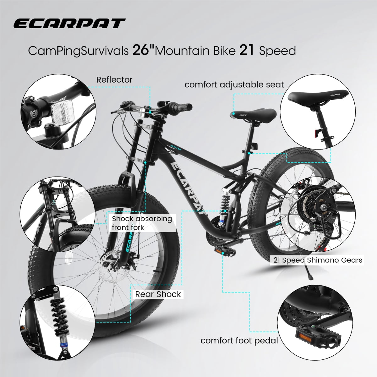 LuckyNote 26" Mountain Bike Full-Suspension 21 Speeds Disc-Brake, 26x4" Fat Tire Bike for Men