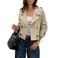 thumbnail image 2 of Women Cropped Trench Coat Casual Double Breasted Short Jacket Fall Fashion Outerwear with Belt Khaki S, 2 of 7
