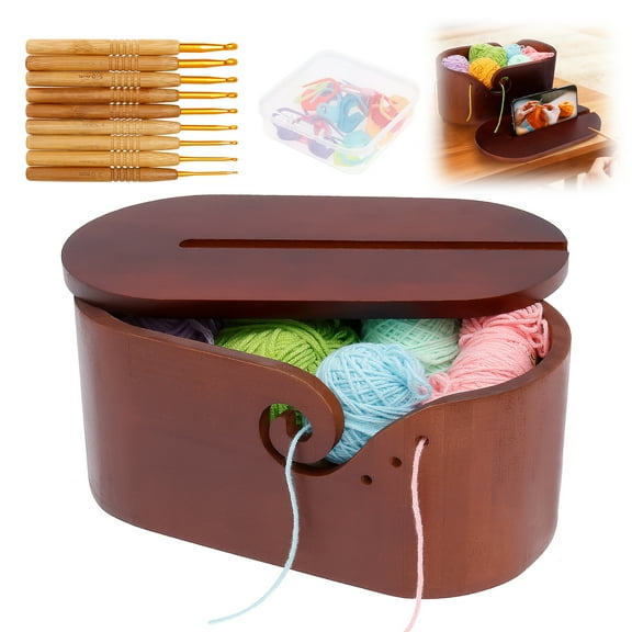 Threns Oval Yarn Bowl,Crochet Yarn Holder with 9pcs Knitting Hooks,Yarn Storage Crochet Bowl Knitting Gift for Crocheters,Large Yarn Bowl Acacia Wooden,10.94 x 5.63 x 5.31 inches(with Lid)