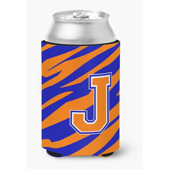 Letter J Initial Monogram Tiger Stripe Blue Orange Can or Bottle Beverage Insulator Hugger