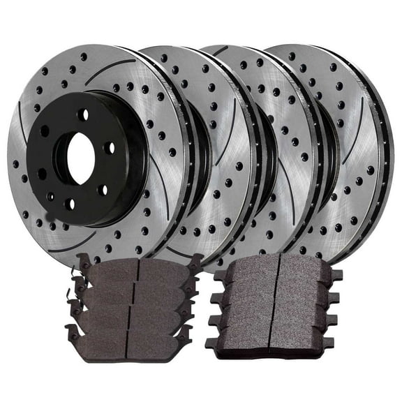 AutoShack Front & Rear Drilled & Slotted Brake Rotors Ceramic Brake Pads | Replacement for 2004-2008 Ford F-150 2006-2008 Lincoln Mark LT 4WD AWD RWD | E-Coated | 12-PC Brake Kit | ShadowGuard