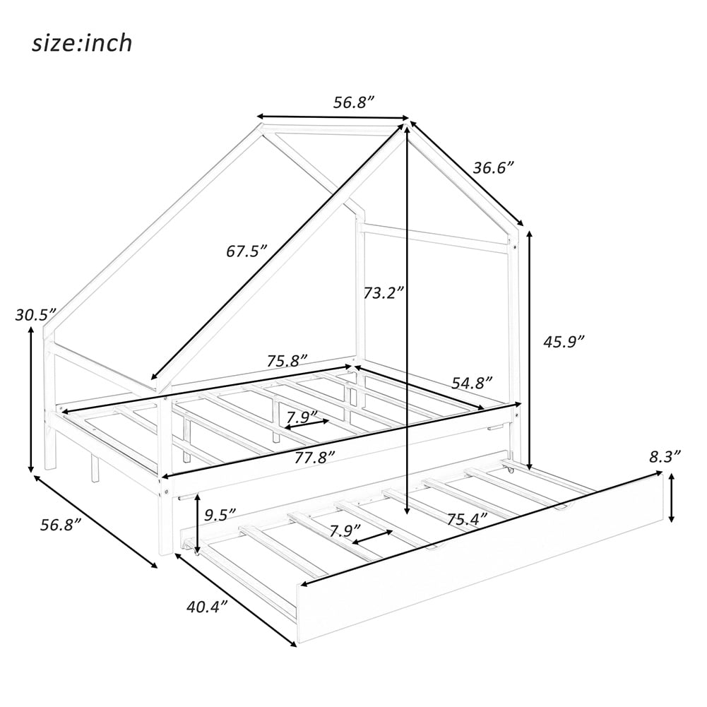 Kepooman Full-Size Wooden House Bed Frame for Kids With Twin Size Trundle, White Kepooman Full-Size Wooden House Bed Frame for Kids With Twin Size Trundle, White