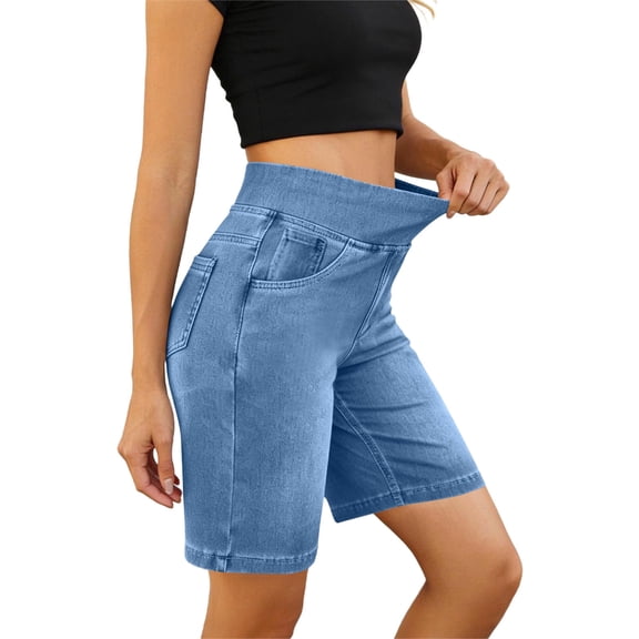Wensltd Elastic Denim Shorts Wide Leg Summer Jean Shorts with Pockets Casual Walking