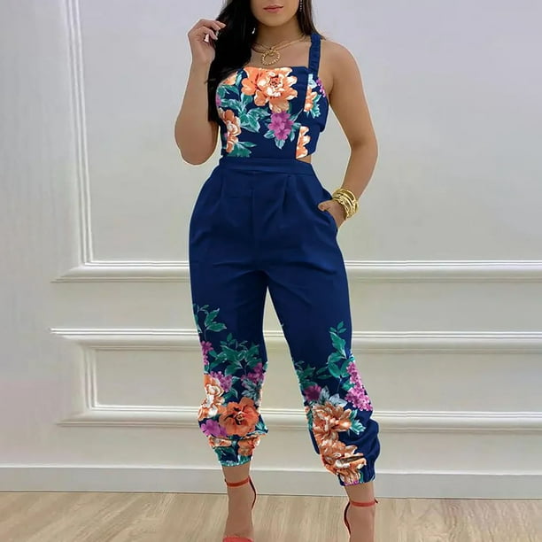 SMihono Linen Pants Women Fashion Plus Size Casual Loose Women's Summer  Fashion Casual Round-neck Printed One-piece Backless One-piece Pants  One-piece