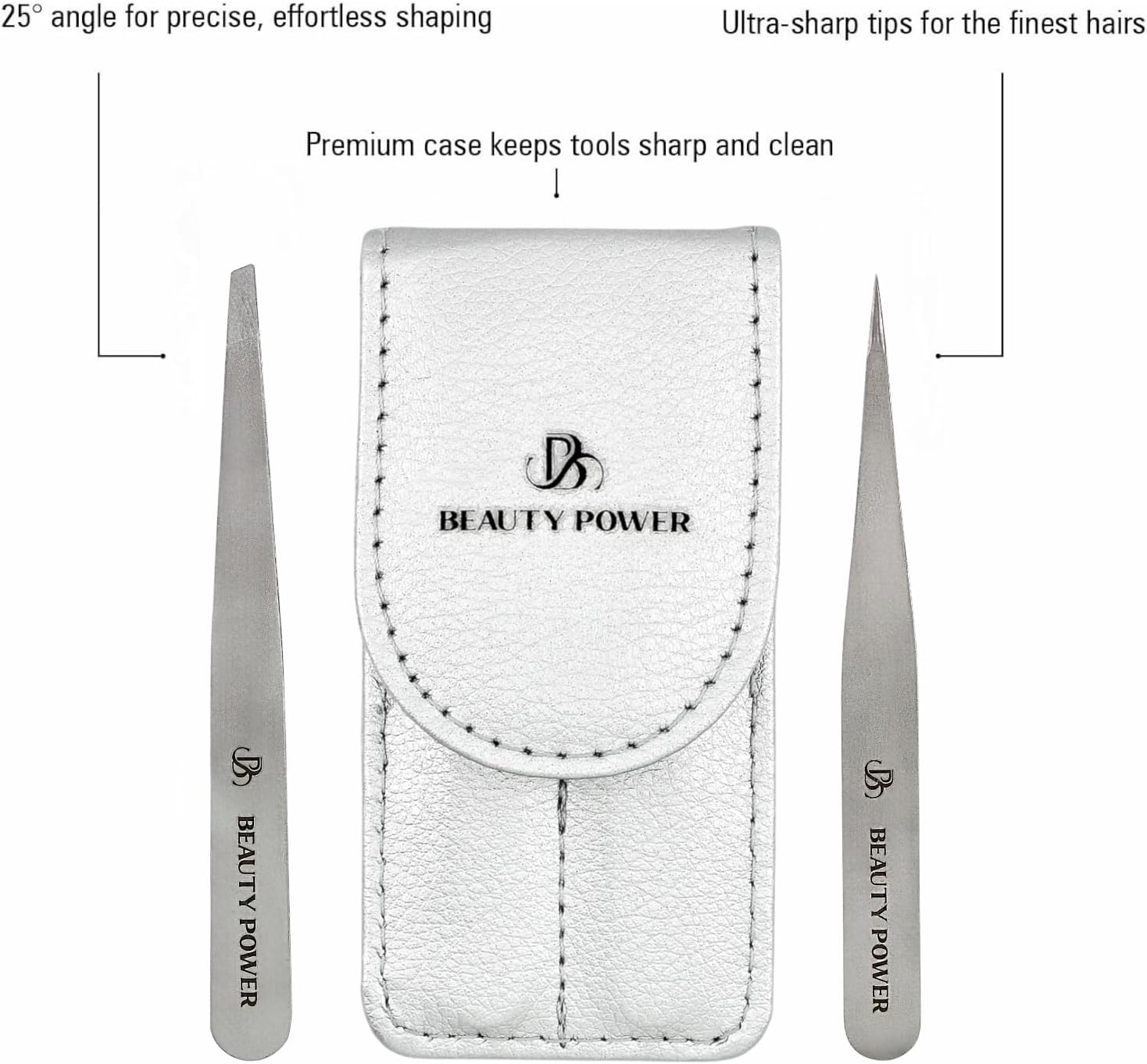 Beauty Power Professional Tweezers Set – Slant & Point, Ultra Precision German Stainless Steel Tweezers for Eyebrows, Chin, Ingrown Hair & Facial Grooming – Lightweight + Travel Case - Gift Idea