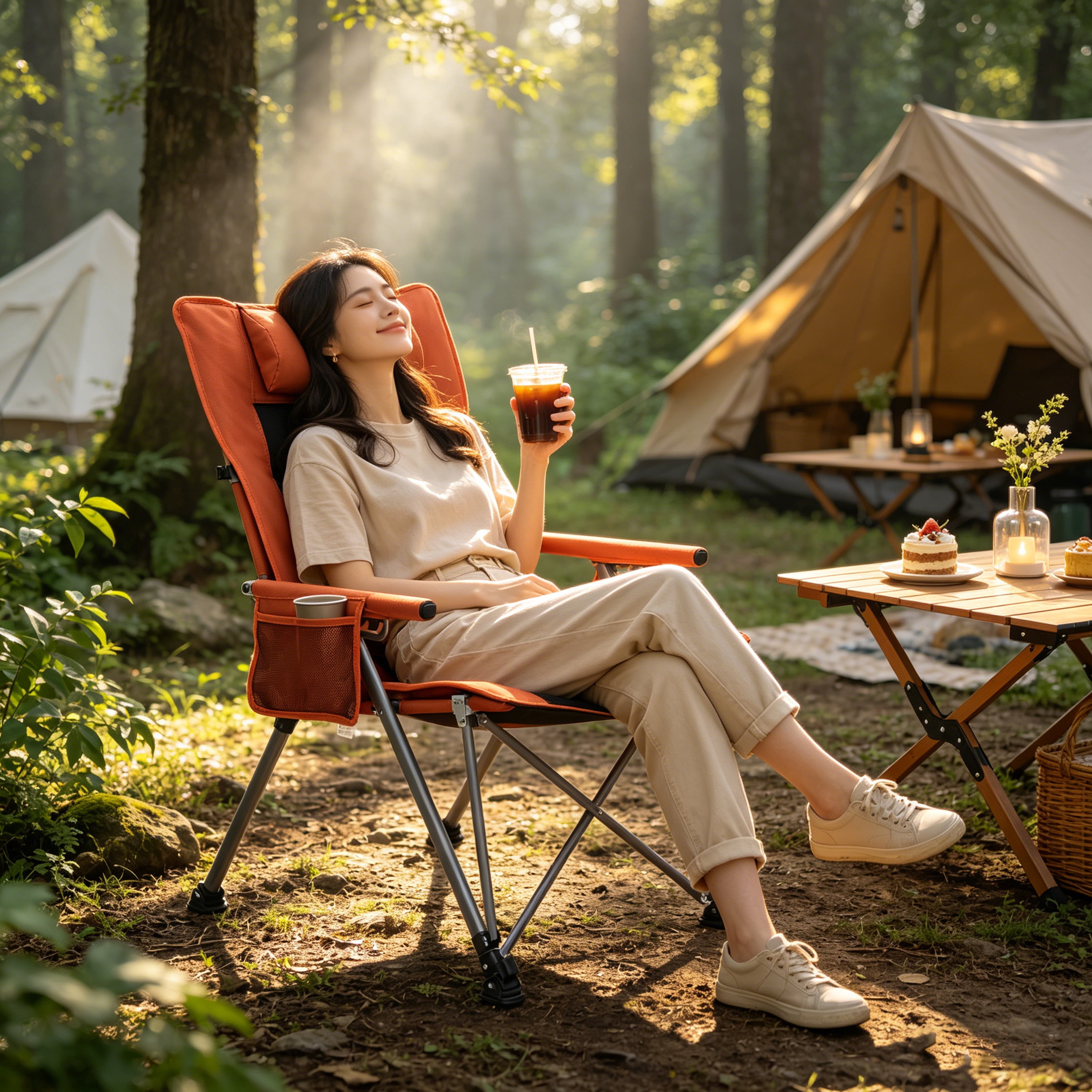5-Position Adjustable Reclining Camping Chair, Side Pocket & Carry Bag, Heavy Duty , Portable Outdoor Chair for Beach, Camping, Patio, Orange