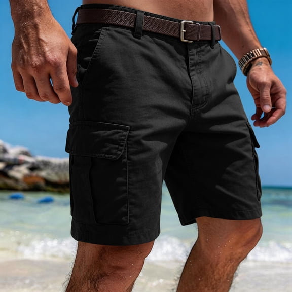 Domuza Men Cargo Shorts with Pockets Casual Knee Length Lightweight Shorts Stretch Outdoor Hiking Travel Work Short Pants Black L