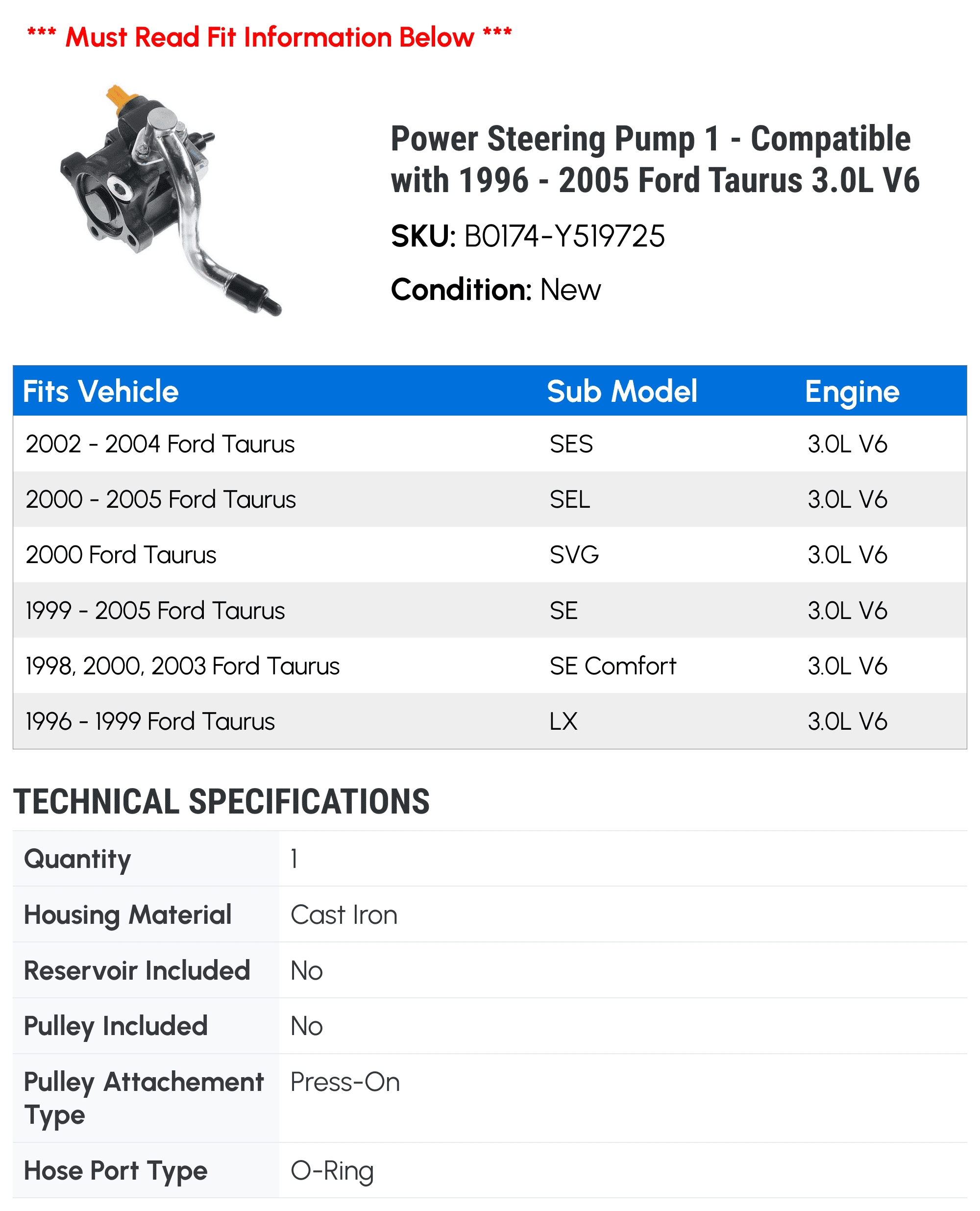 Power Steering Pump 1 - Compatible with 1996 - 2005 Ford Taurus 3.0L V6 - Autopart Premium