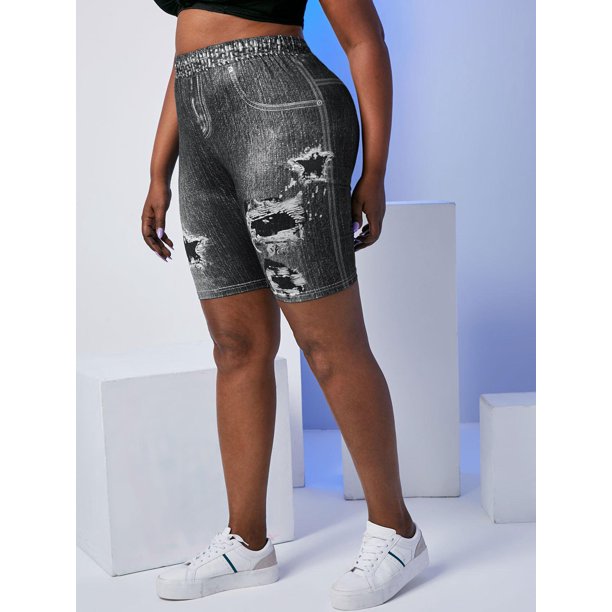 Talla grande 3D Destruido Jean Imprimir Jeggings cortos Rosegal Leggings de talla grande
