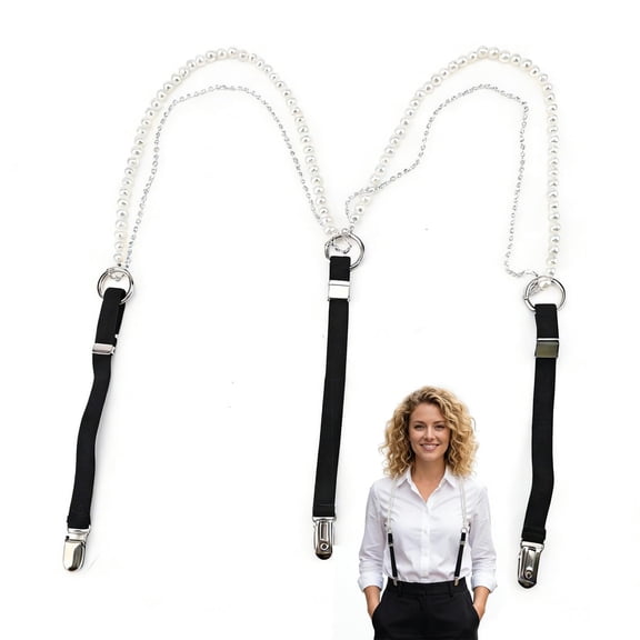 Women's Pearl Rhinestone Y-Shape Suspenders, Adjustable Elastic Wide Suspender Belts with 3 Metal Clips, Fashion Chain Decorative Pants Skirt Braces